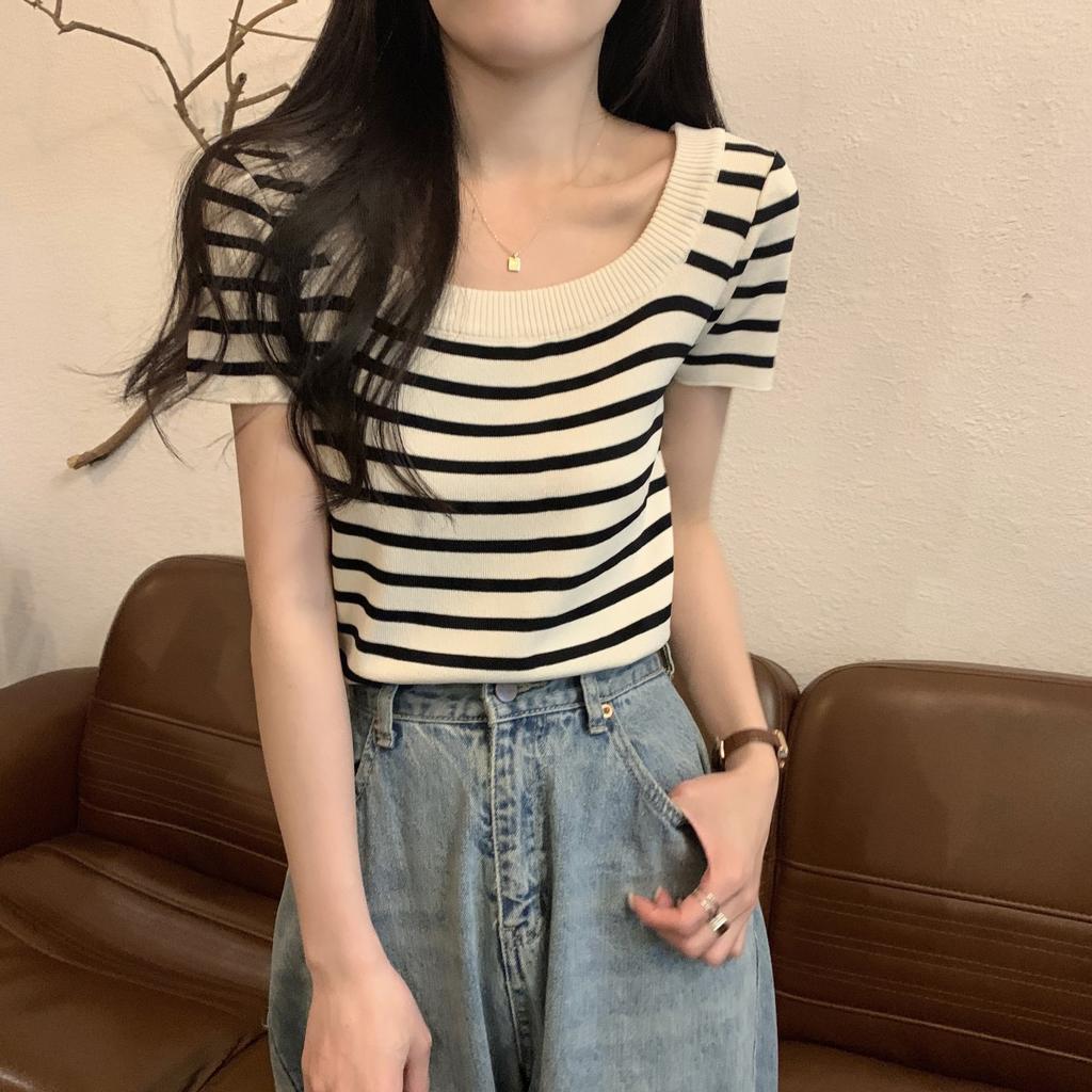 Summer New Temperament Square Neck Striped Versatile Knitted Sweater Short-sleeved T-shirt Top Women