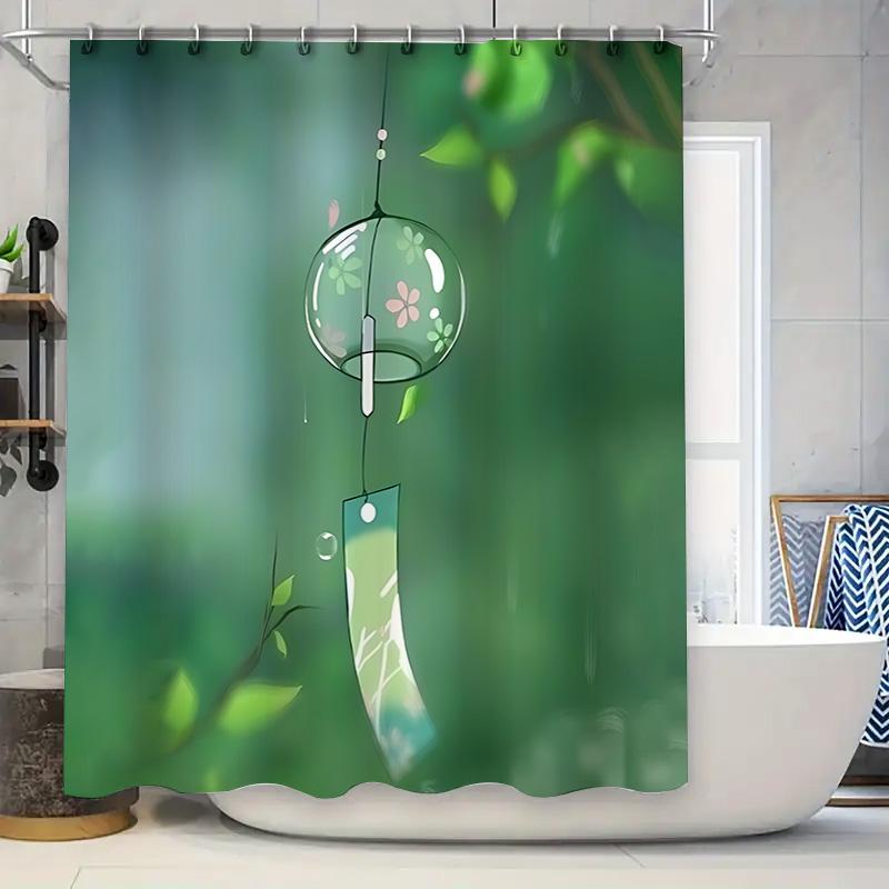 

Japanese Style Simple And Fresh Green Shower Curtain With Wind Chime Sound - Waterproof And Mold-Proof For Home Decor Easy-Clean W60H190(CM)-1 Pcs