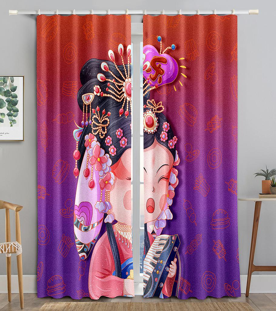 Chinese Animated Maid TraditionalOpera Blackout Window Panel Curtain Living Room Room Bedroom Bathroom Kicthen Door Cupboard Decor Hooks