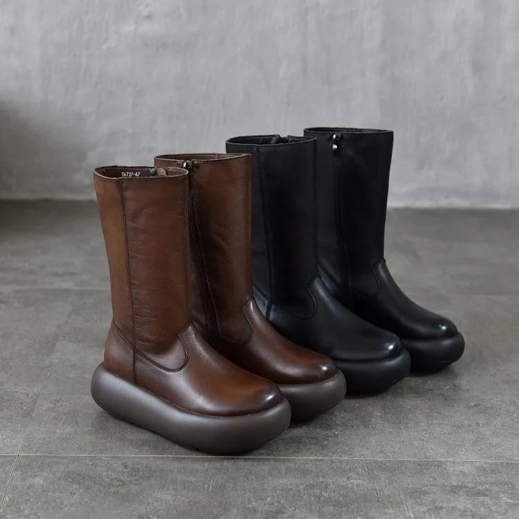 Johnature Women's Boots Genuine Leather Retro Round Toe Thick Soled Side Zipper Mid-calf Boots