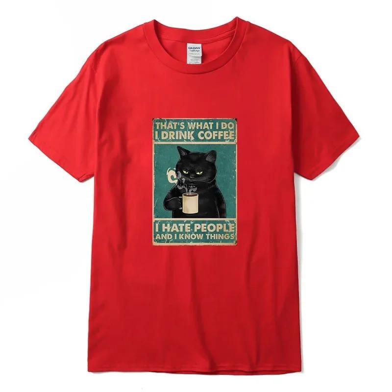Oversized White Short-Sleeve T-Shirt Featuring "I Drink Coffee I Hate People And I Know Things" Grumpy Black Cat Vintage Meme Graphic Print