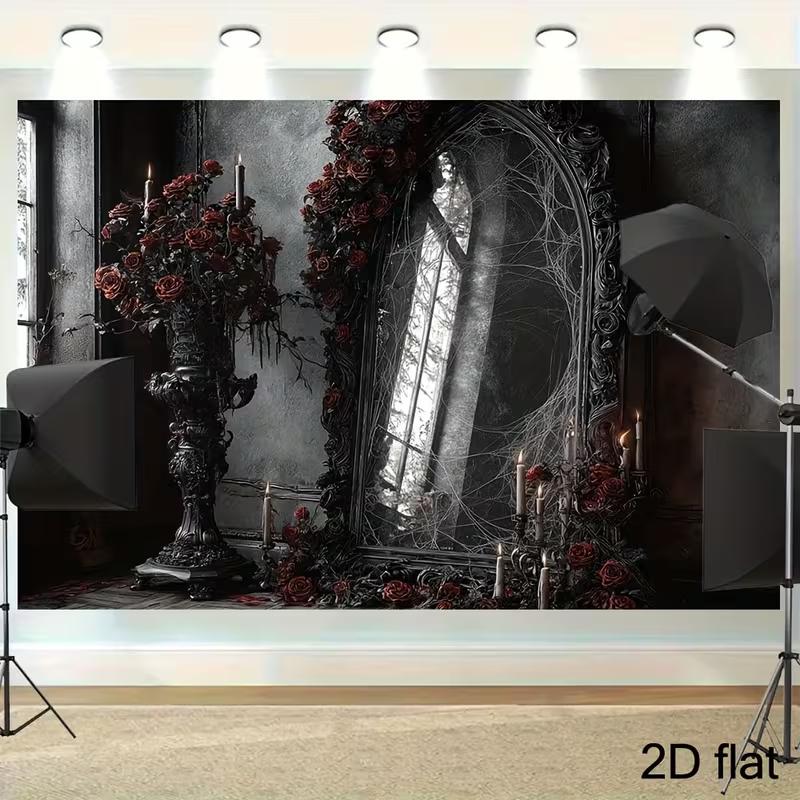 

2D Gothic Victorian Room Backdrop Ornate Mirror Red Roses Candle Party Decor 47.2x31.5inch/120*80cm