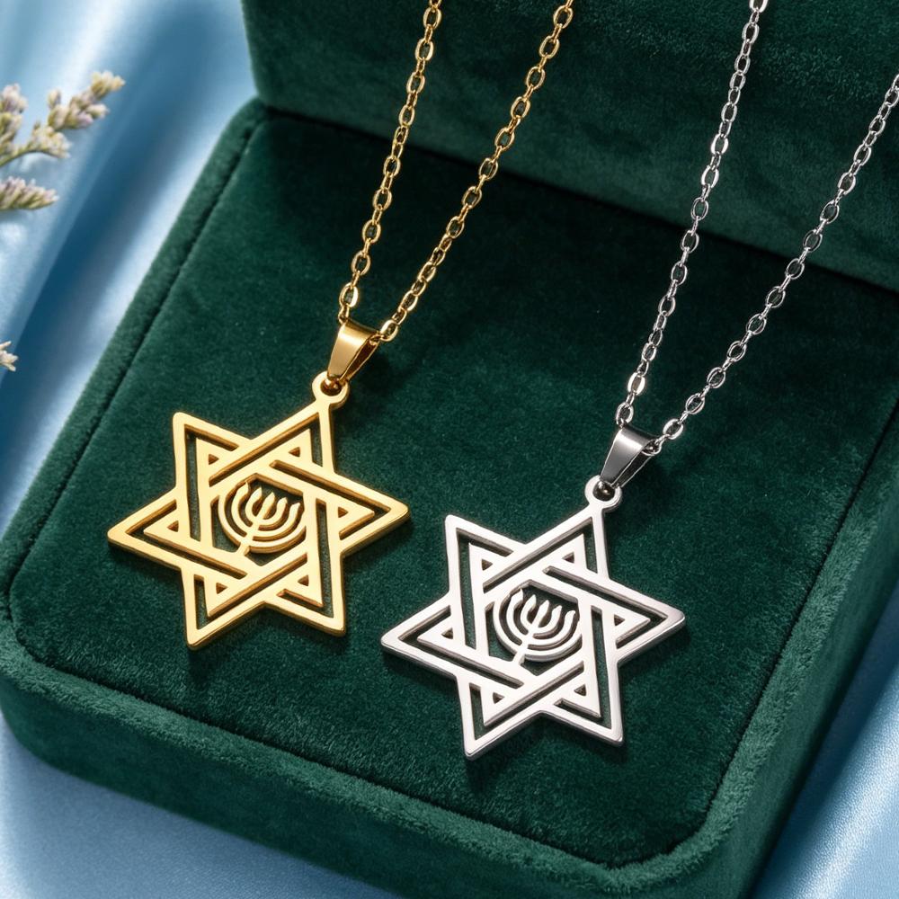 Star of David Hanukkah Menorah Necklace Stainless Steel Hexagram Protection Amulet Religious Pendant Je Jewelry