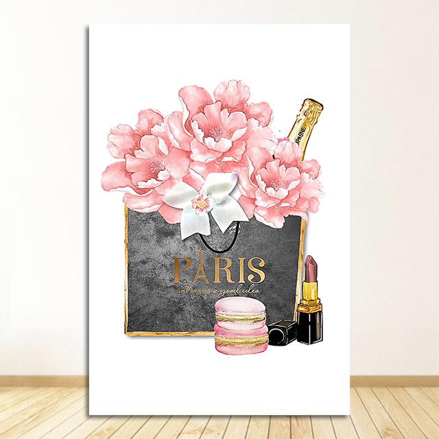 Canvas Art Print Sexy Lips Paintings High Heels Posters Pink Flower Wall Pictures Home Decor Fashion Poster Women Perfume Makeup