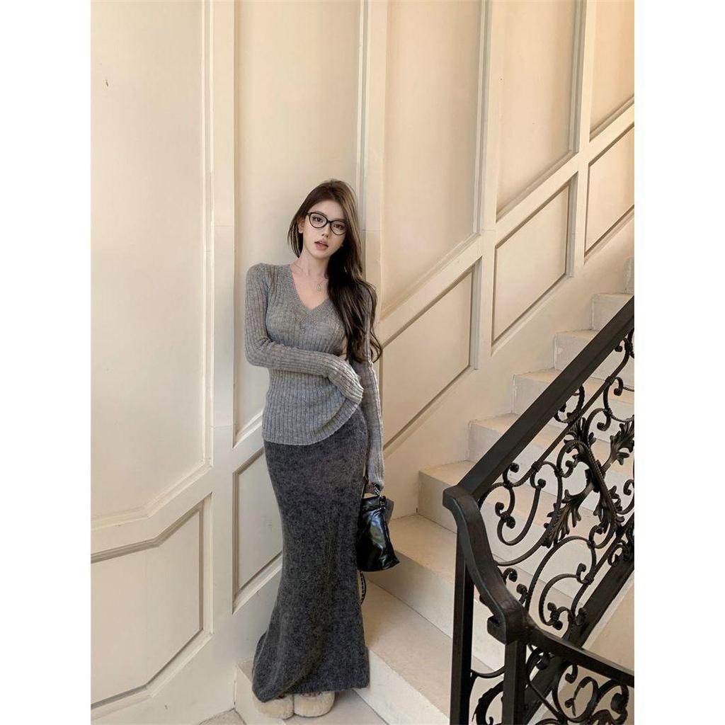 Pure Desire Vibe Sexy V-Ausschnitt Damen Strickoberteil mit ausgestellten Ärmeln - Herbst Winter Y2K Stil Pullover