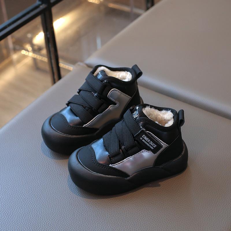 Children's mid-high-top fleece-lined thickened cotton shoes, winter leather sneakers for boys, stylish sports shoes, warm shoes for girls