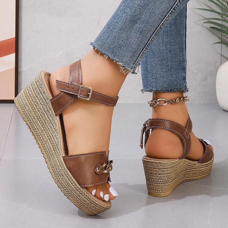 Lucyever Ankle Buckle Wedge Sandals Woman 2024 Metal Chain Thick Sole Gladiator Shoes Woman Vintage Platform Sandles Female 41