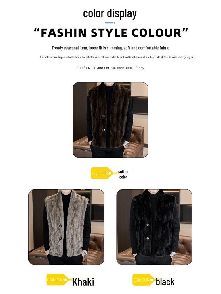 Men's Winter 2025 Faux Leather & Golden Mink Velvet Fur-Integrated Thick Gilet Jacket