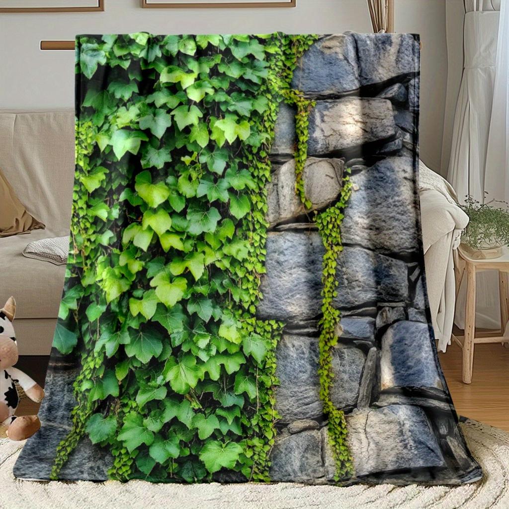 Green Ivy Stone Wall Flannel Blanket Nature Inspired Cozy Throw Blanket for Home Decor Living Room Bedroom SoftWarmFleeceBlanket