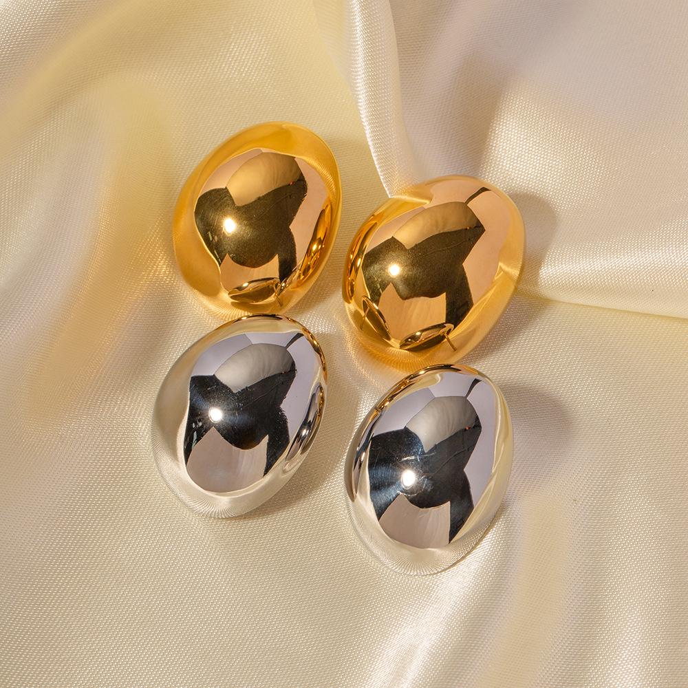Minimalist Light Luxury Polished Oval Stud Earrings - Textured Gold & Silver, Skin-Friendly, New Jewelry for Women