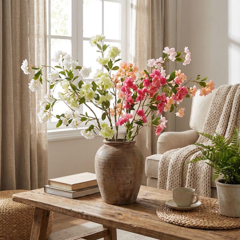 Long Branch Artificial Cherry Blossom with Leaves Realistic Simulation Cherry Blossom Handmade Real Touch Fake Flower