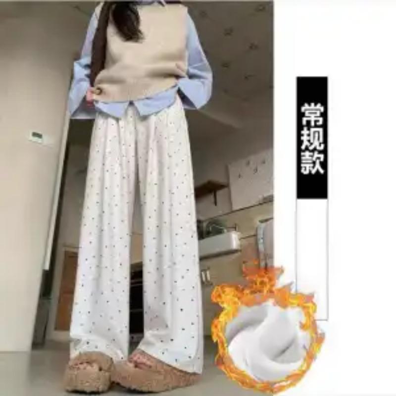 Fleece Polka Dot Glutinous Rice Pants for Women in Autumn Winter New Style Loose and Slim Casual Walk Soft and Wide-leg Pants