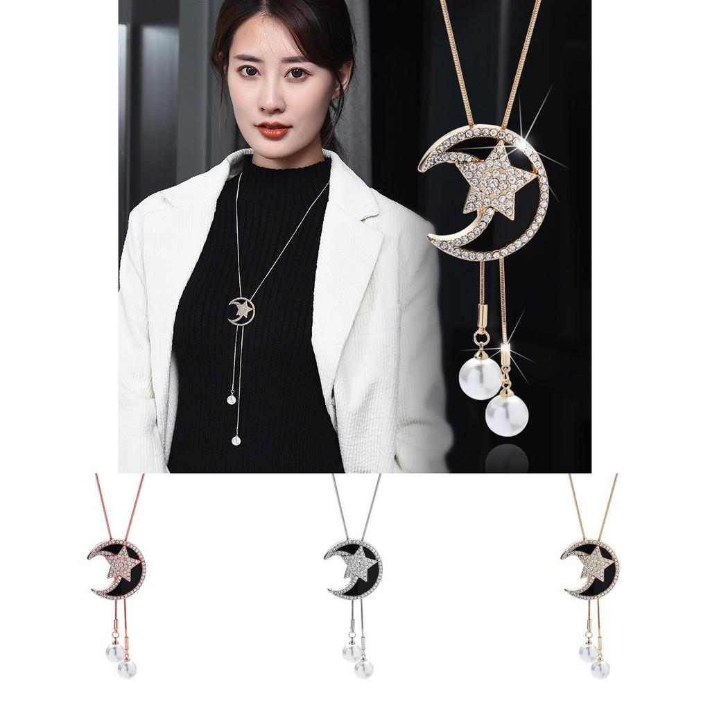 Fashionable Korean Style Long Pearl Pendant Necklace With Star And Moon Tassel