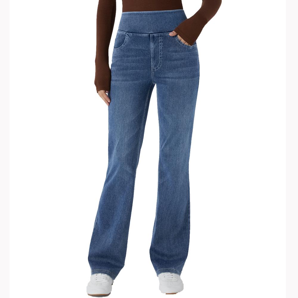Shascullfites High Waisted Tummy Control Bootcut Jeans Blue Washed Stretchy Knit Casual Multiple Pockets Pull-On Petite Jeans
