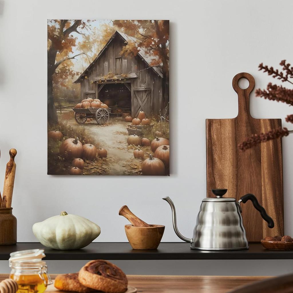 Voxitura Farmhouse Fall Pumpkin Fall Wall Art Canvas, Vintage Cottage Barn Wall Decor for Thanksgiving Kitchen, Rustic Autumn Paintings Pictures