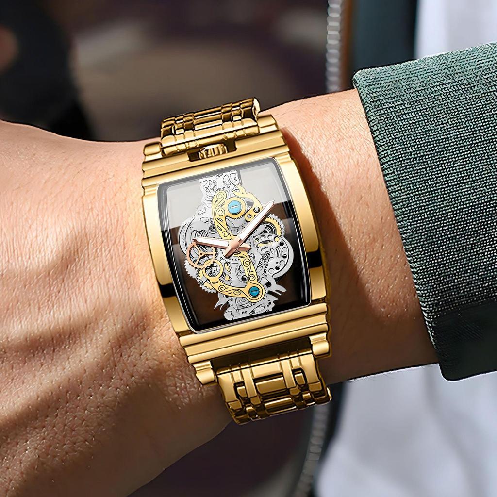Men's Waterproof Luminous Tourbillon Leather Watch with Fashionable Motorcycle Gear Design
