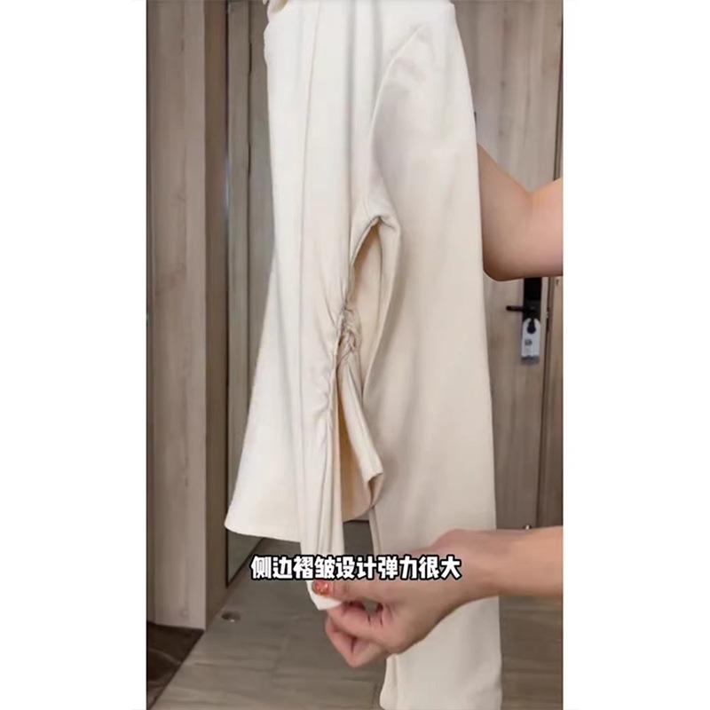 Crew neck front shoulder bottoming shirt women's waist pleated top spring irregular inner design long-sleeved shirt