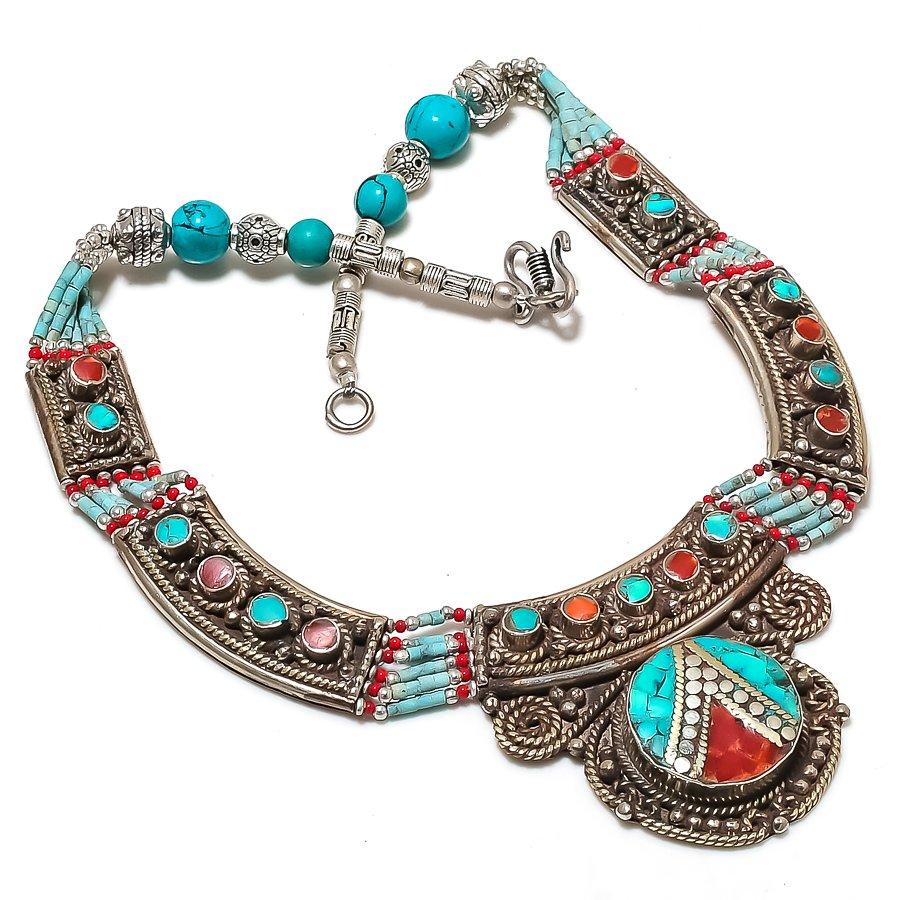 

Natural Tibetan Turquoise, Coral 925 Sterling Silver Jewelry Necklace 18 NN-259