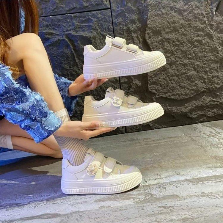 Thick-soled leather surface spring new Velcro flat-soled student shoes casual sports board shoes