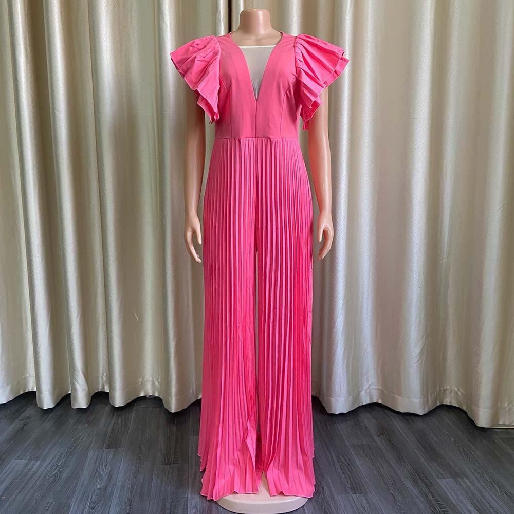 Summer Pleated Jumpsuits Rompers Women V Neck Ruffles High Waisted Loose Floor Length Luxury Female Party Romper