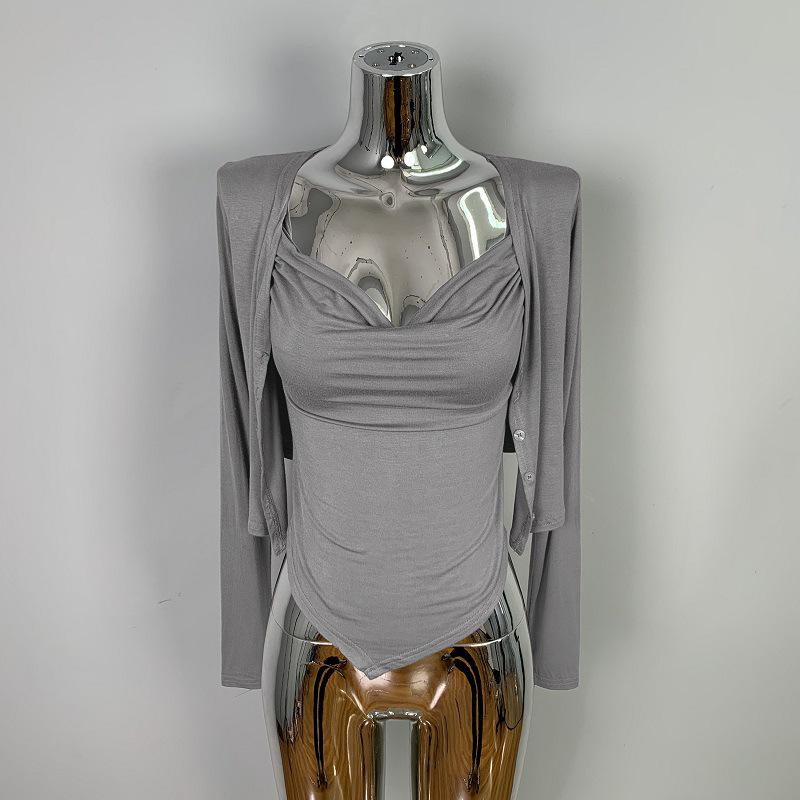 Korejský zeštíhlující bodycon set: Nařasené tílko a krátký kardigan pro ženy