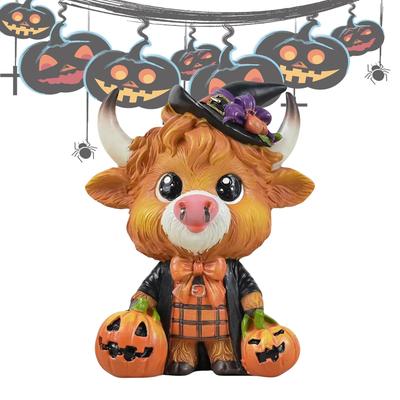 Halloween Highland Cow Figurine Halloween Highland Cattle Dwarf Resin Statue Home Desktop Porch Decoration Halloween Decor