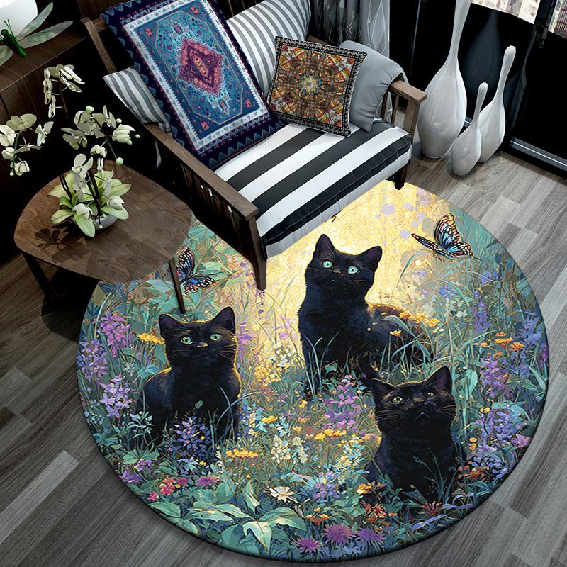 Black Cat Round Area Rug,Carpet Rug for Living Room Bedroom Sofa Playroom Decor,Non-slip Floor Mat