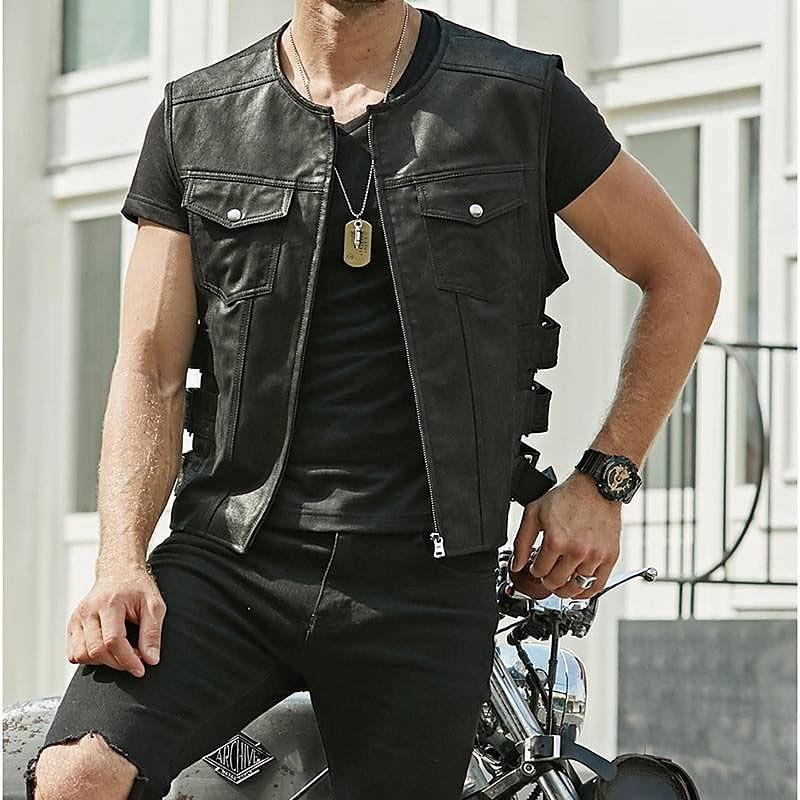

Men s Black & Brown Leather Vest with Buckle Details, Streetwear Biker Jacket S чорний