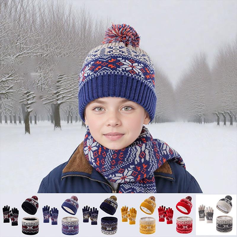 3pcs Kids for Boys Girls Scarf  Gloves 3-11Y Muffler Hats Winter Windproof Snowflake Warm Knitted Hat