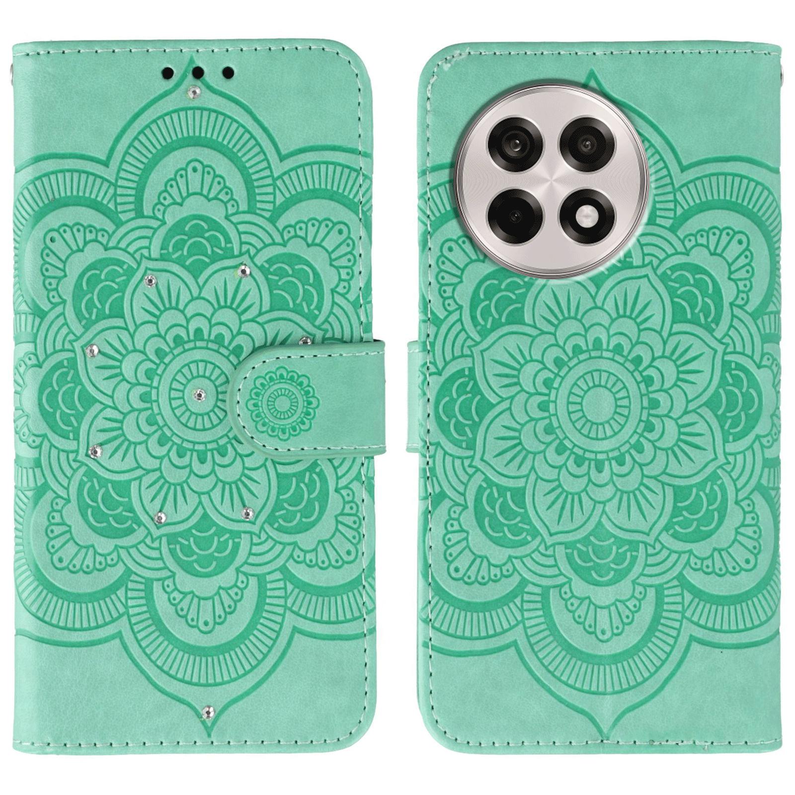 

Чехол для телефона для OnePlus Ace 5 5G/Ace 5 Pro 5G/13R 5G, украшенный стразами, из ПУ кожи, с дизайном с тиснением мандалы, чехол с ремешком на запястье Green
