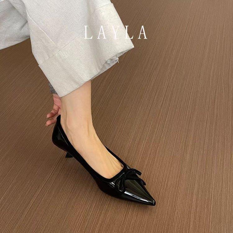Huge good-looking~ Spring 2025 new versatile patent leather shallow mouth single shoes pointed thin heel bow high heels women