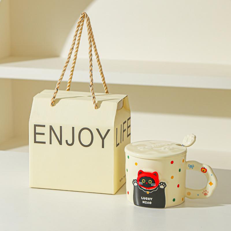 Cute cat ceramic mug with lid spoon coffee water cup couple cup with gift high value