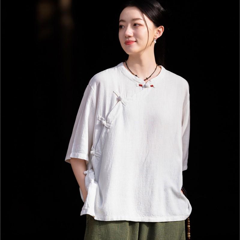 

Johnature Женские рубашки в китайском стиле, однотонные топы с короткими рукавами и стойкой, летние винтажные женские рубашки на пуговицах, блузки One Size белый