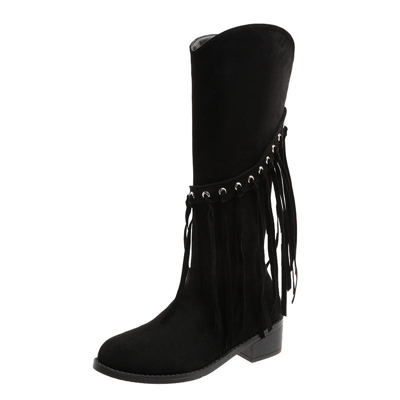 

Ботинки с бахромой большого размера женские осенне-зимние новые ретро замшевые на толстом каблуке с боковой молнией длинные модные ботинки 35 чёрный