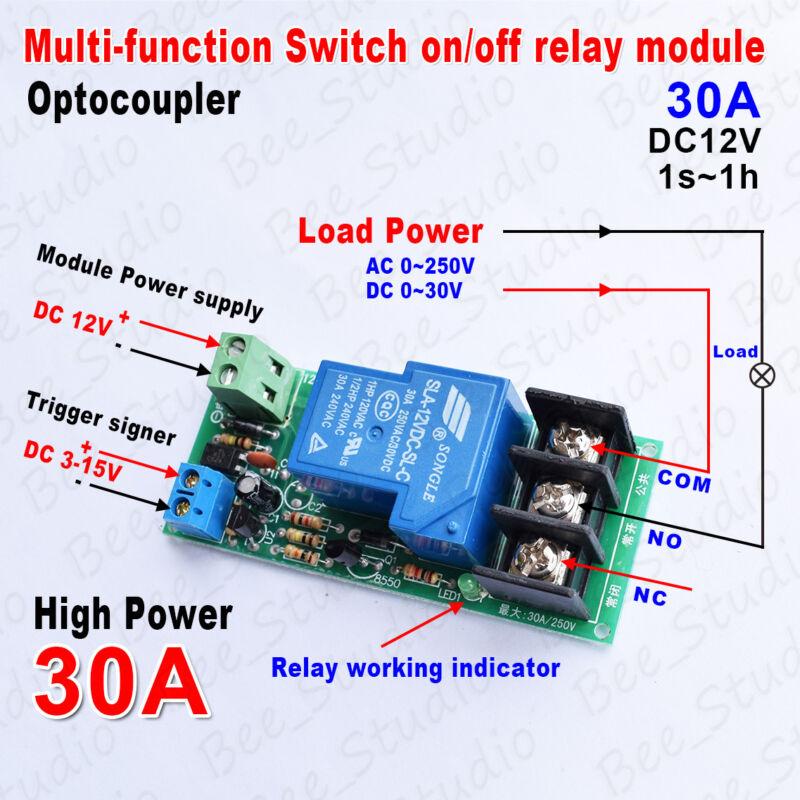 DC12V Multifunction Delay Timing on/off Optocouple Relay Module 30A Switch Timer Relays 5