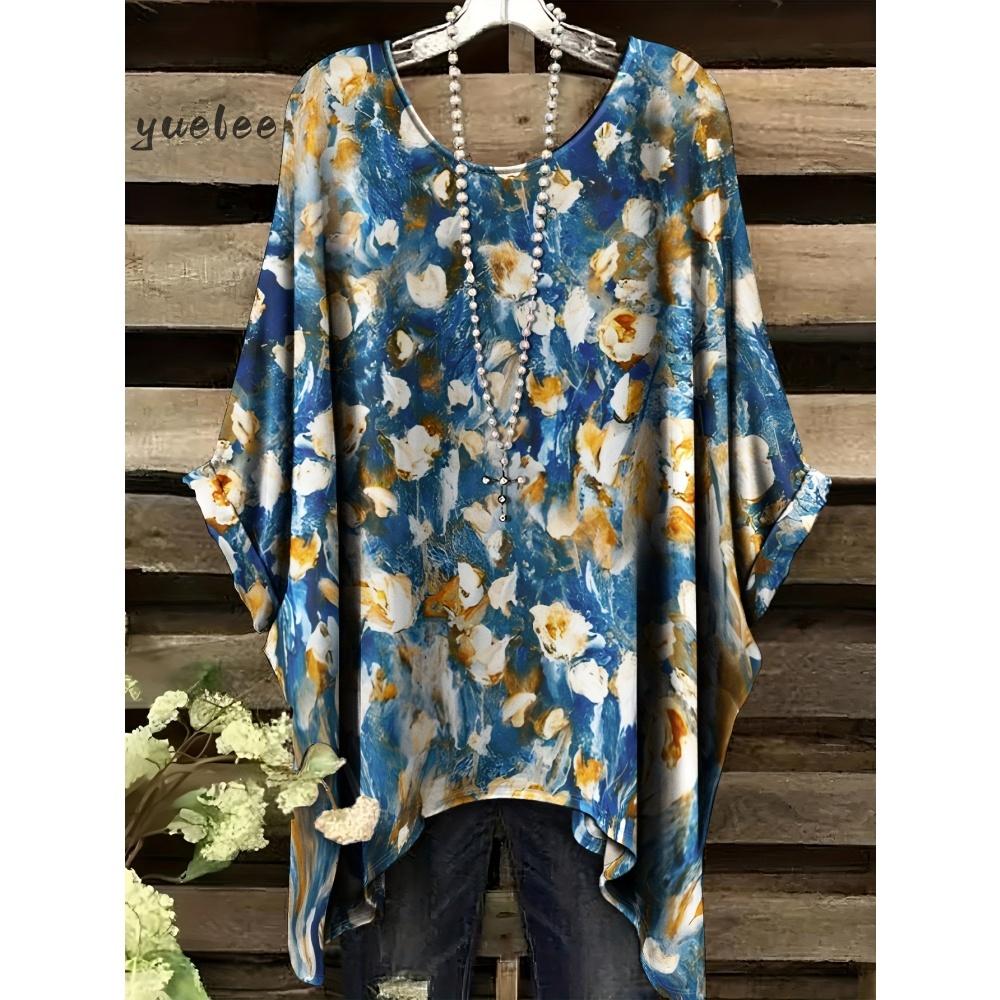 T-shirt Estiva Elegante Bohemien Bicolore da Donna con Stampa Floreale a Forma di Cuore e Farfalla, Scollo Tondo, Blusa Casual, Abbigliamento Bohemien da Donna