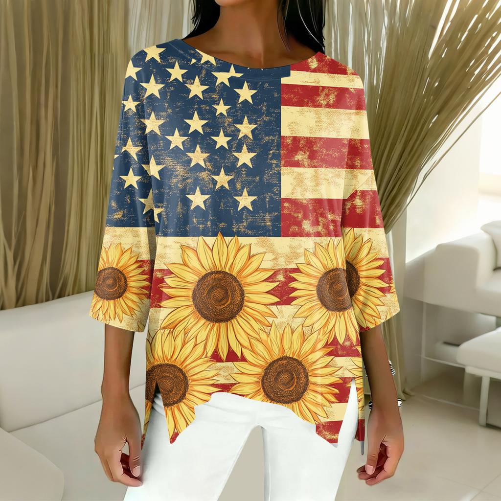Women's Fashion Independence Day Print Three-Quarter Sleeve Top