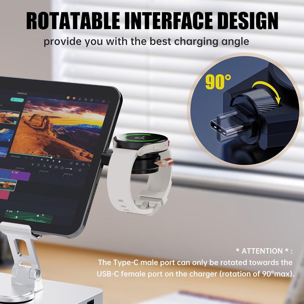 Portable Charger for Samsung Galaxy Watch7, 2in1 USB-C Travel Charger Compatible with Galaxy Watch Ultra/7/6/6 Classic/5 Pro/4/3, 90°Rotatable