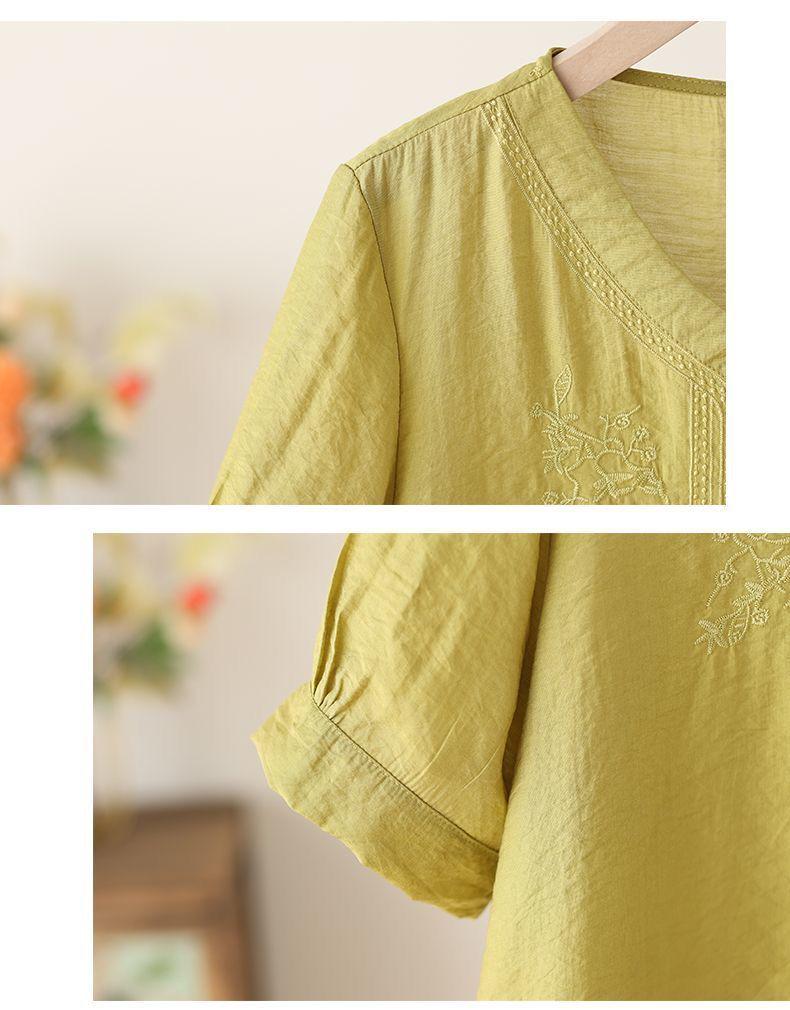 Women's Tencel Linen Embroidered Short-Sleeve Top & Pants Set for Summer - Middle-Aged Mother's Style.