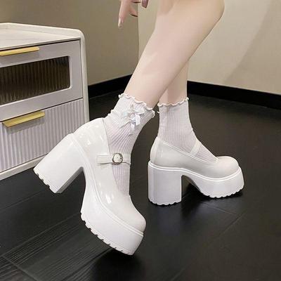 Chunky Platform High Heels Pumps Women Autumn Pu Leather Ankle Buckle Mary Jane Shoes Woman Thick Heeled White Lolita Shoes