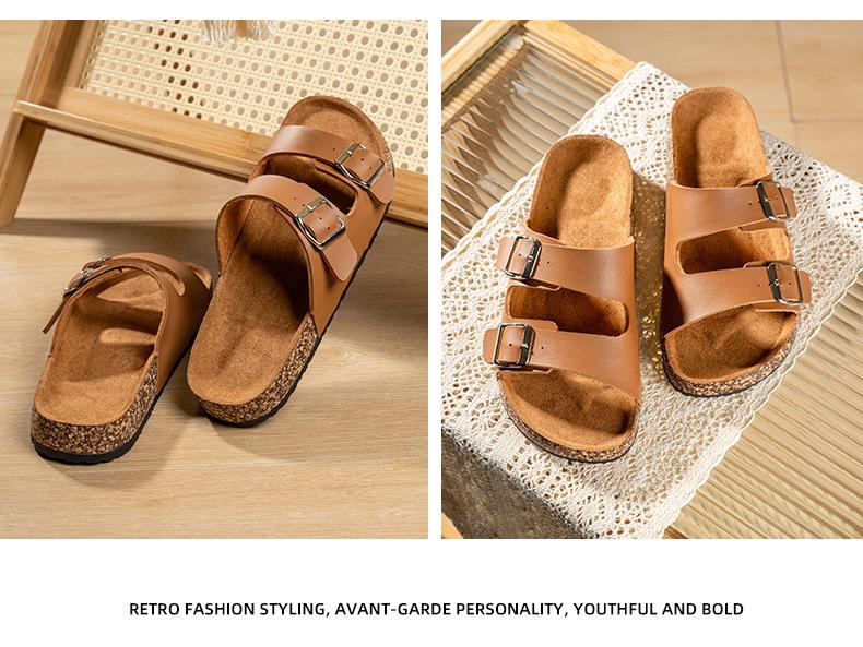 Birkenstock Unisex Cork Leather Double-Buckle Flip Flops: Retro, Thick-Soled, Outdoor Half-Slippers for Men and Women