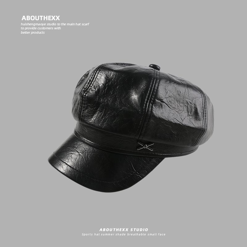 Hat Women's Face-showing Small PU Leather Octagonal Hat New Navy Beret British Retro All Match Newsboy Hat