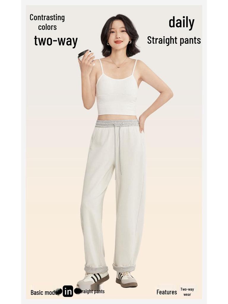 Merinowolle Air Layer Damen High Waist Weitbeinige Sweatpants - Herbst Sportlich Lässig Zwei-Trage-Design Gerades Bein