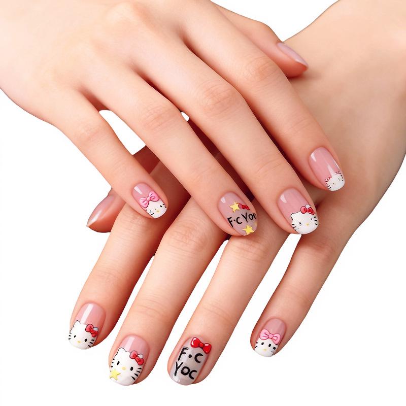 Charming Hello Kitty Nail Art Stickers: Cute Cartoon Designs with Bows & Stars
