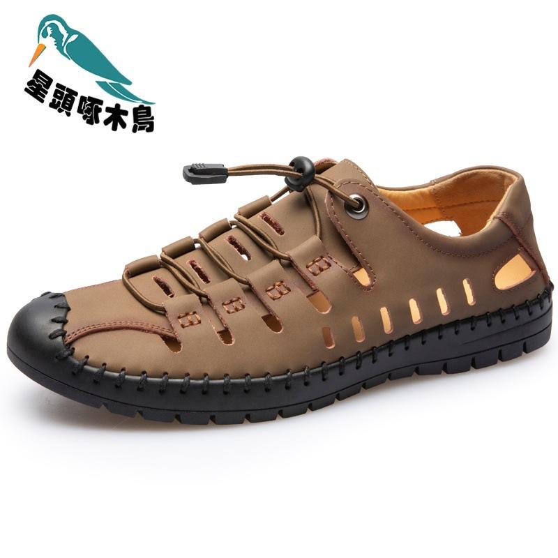 Leather men's sandals non-slip beach outdoor leather sandals men's hole shoes soft-soled breathable sandals