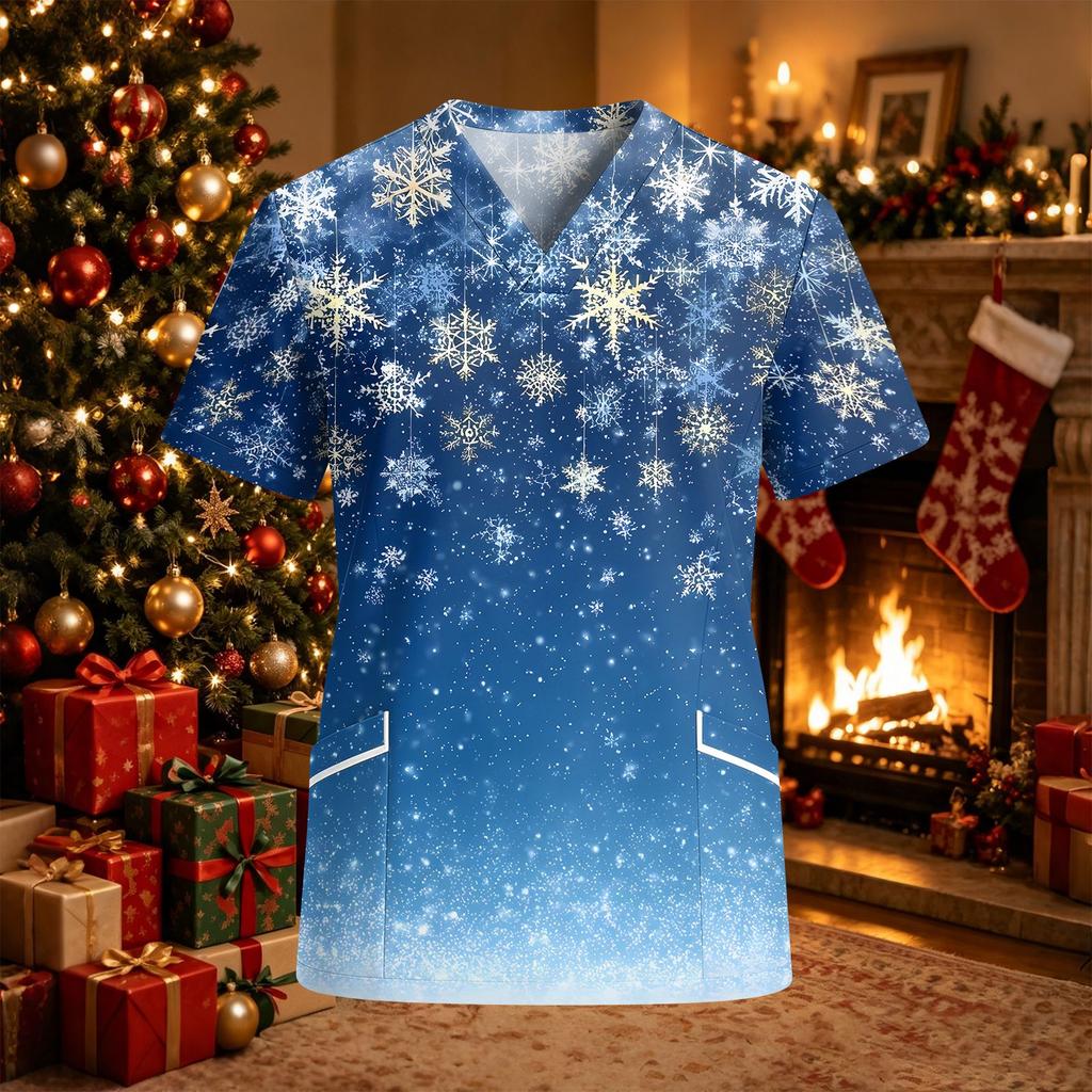 Damen Arbeitshemd mit V-Ausschnitt, kurzen Ärmeln, Taschen und Seitenschlitzen, Weihnachtsdruck