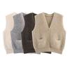 Kaslead New Women clothes Western Style Towel Knitted Classic Style V-neck Pocket Cardigan sweater Vest Vest