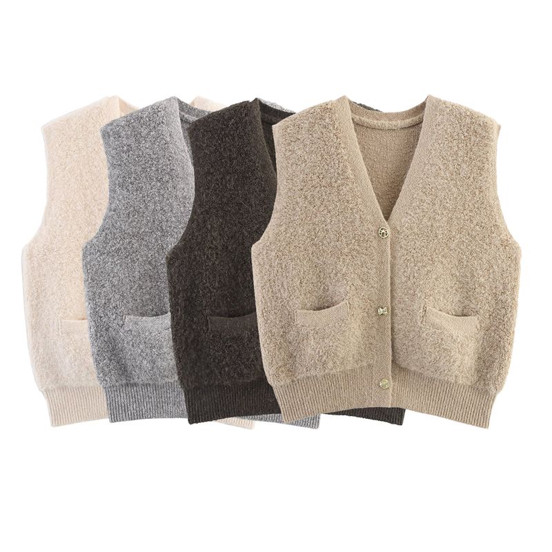 Kaslead New Women clothes Western Style Towel Knitted Classic Style V-neck Pocket Cardigan sweater Vest Vest