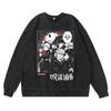 Dark Washed Vintage Anime Print Streetwear Hoodie Men - Retro Black Cotton Crewneck Sweatshirt Fall Casual Wear