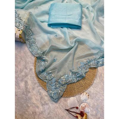 Soft Tabby Orgenza Fabric Sequins Embroidered Work with Embroidered Arco Cut Border Saree